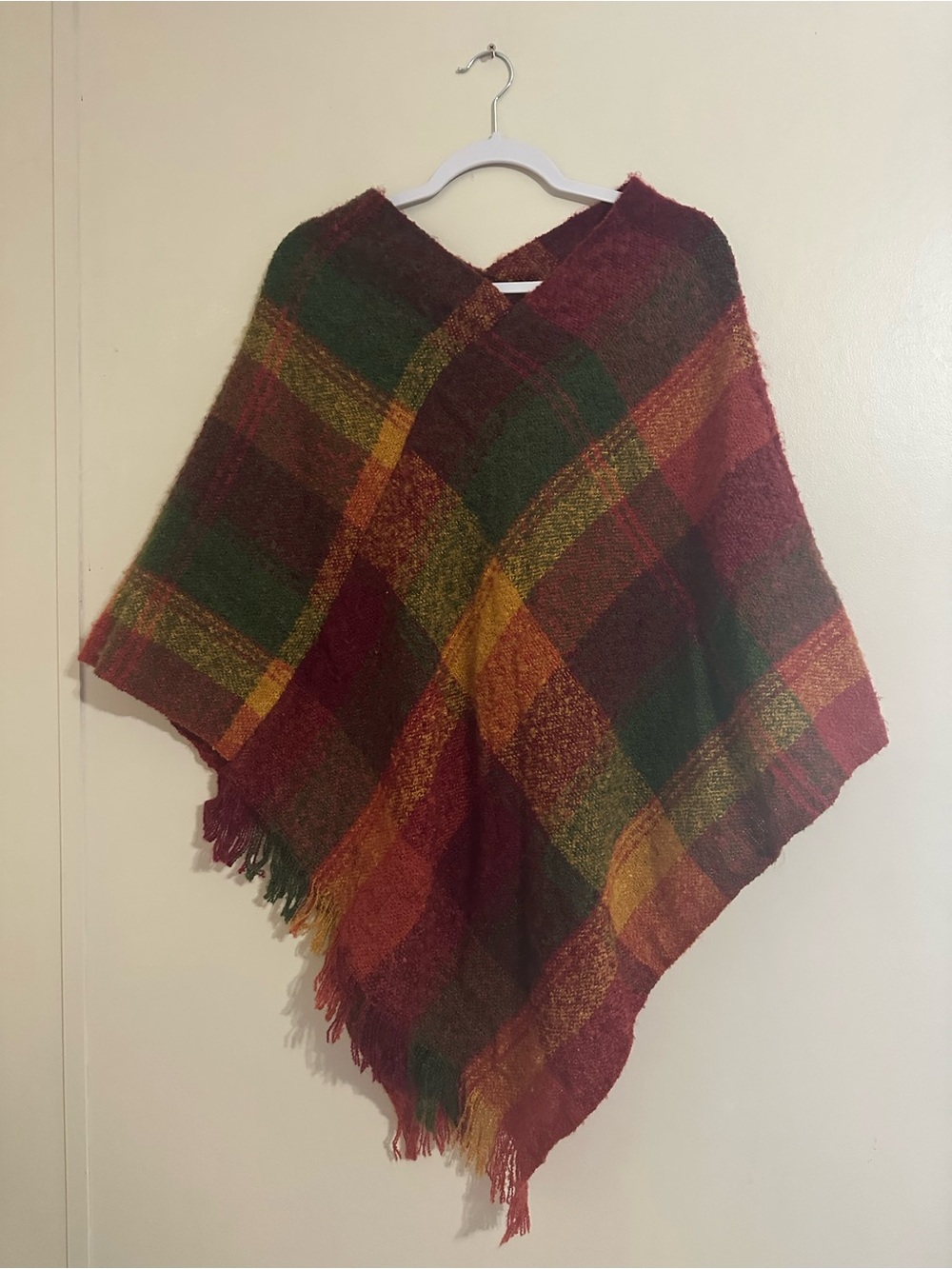 just be Plaid Knit Poncho in Burgundy, Green & Mustard